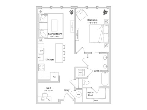 Floor plan for 1 bed, 1 bath, 828 sqft